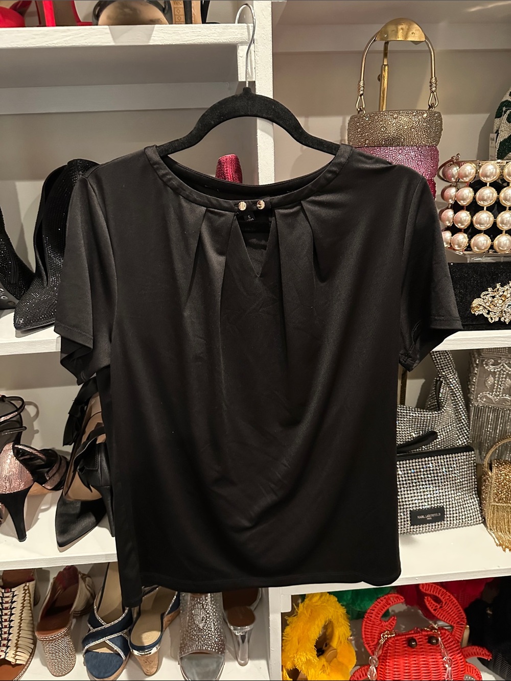 Classic Short-Sleeve Black Women's Top key hole gold button top